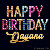 Vibrant luxury birthday greeting card for Dayana, showing glittering gemstone letters and golden calligraphy on a dark background with twinkling shine effects.