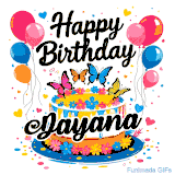 An animated birthday card for Dayana. It features a festive cake with her name, 'Dayana', and colorful butterflies. Floating balloons and hearts complete the joyful scene.