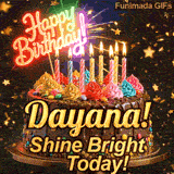 Close-up of a chocolate birthday cake with multicolored frosting swirls and colorful candy beads around the gold base. Dayana