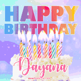 A vibrant animated name GIF with the words 'Happy Birthday Dayana' with colorful candles on a creamy cake. The background sparkles with pastel shades, adding a festive touch.