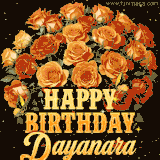 Animated bouquet of orange roses with moving butterfles and golden 'Happy Birthday Dayanara' text, surrounded by sparkling accents and a dark backdrop for a luxurious feel.
