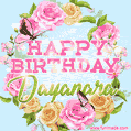 A charming animated GIF featuring 'Happy Birthday Dayanara' in pink and green text, surrounded by delicate roses, leaves, and fluttering butterflies on a soft light blue pastel background.