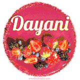 Beautifully decorated red velvet berry birthday cake with vibrant fruits and a glowing 'Dayani' name, adding a touch of sweetness and sparkle.