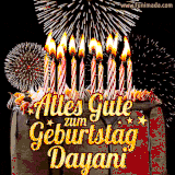 A chocolate birthday cake with glowing candles, the German text 'Alles Gute zum Geburtstag Dayani,' and vibrant fireworks lighting up the background in an animated GIF.
