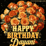 Animated bouquet of orange roses with moving butterfles and golden 'Happy Birthday Dayani' text, surrounded by sparkling accents and a dark backdrop for a luxurious feel.