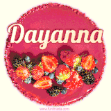 Beautifully decorated red velvet berry birthday cake with vibrant fruits and a glowing 'Dayanna' name, adding a touch of sweetness and sparkle.