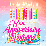A white birthday cake covered in colorful sprinkles, topped with bright candles, and French text 'Bon Anniversaire Dayanna' on a pastel gradient background in an animated GIF.