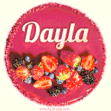 Beautifully decorated red velvet berry birthday cake with vibrant fruits and a glowing 'Dayla' name, adding a touch of sweetness and sparkle.