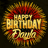 Golden 'Happy Birthday Dayla' text accompanied by animated rainbow fireworks for a festive animated greeting.