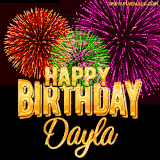 A golden 'Happy Birthday Dayla' message with vibrant fireworks in the background, creating a festive and celebratory vibe in this animated name GIF.