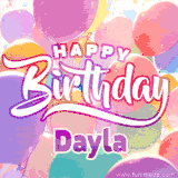 A vibrant name GIF featuring colorful balloons in shades of pink, orange, and yellow with the bold text 'Happy Birthday Dayla' in festive fonts, creating a lively birthday vibe.