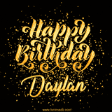 Animated GIF with colorful, festive 'Happy Birthday Daylan' text decorated with patterns, a party hat, and falling confetti. A vibrant and cheerful design for birthday celebrations.