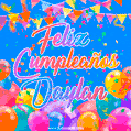 A vibrant animated GIF with 'Feliz Cumpleaños Daylan' written in colorful script, surrounded by balloons, confetti, and bunting on a bright blue background.