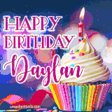 A festive animated GIF featuring a colorful cupcake with a single lit candle, sprinkles, and 'Happy Birthday Daylan' text against a sparkling, celebratory background.