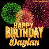 A captivating GIF with bursts of green, pink, and orange fireworks lighting up the night sky, accompanied by 'Happy Birthday Daylan' in glowing golden text.