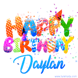 Animated GIF with colorful, festive 'Happy Birthday Daylan' text decorated with patterns, a party hat, and falling confetti. A vibrant and cheerful design for birthday celebrations.