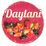 Beautifully decorated red velvet berry birthday cake with vibrant fruits and a glowing 'Daylani' name, adding a touch of sweetness and sparkle.