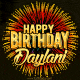 Golden 'Happy Birthday Daylani' text accompanied by animated rainbow fireworks for a festive animated greeting.