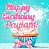 A festive cupcake with pink icing, a gingham bow, and a lit animated sparkler, paired with 'Happy Birthday Daylani!' in bright pink text.