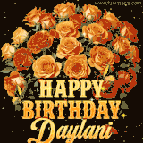 Animated bouquet of orange roses with moving butterfles and golden 'Happy Birthday Daylani' text, surrounded by sparkling accents and a dark backdrop for a luxurious feel.