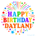 Happy Birthday Daylani' GIF with rainbow-colored letters, colorful stars, and fireworks on white background.