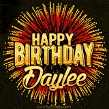 Golden 'Happy Birthday Daylee' text accompanied by animated rainbow fireworks for a festive animated greeting.