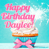 A festive cupcake with pink icing, a gingham bow, and a lit animated sparkler, paired with 'Happy Birthday Daylee!' in bright pink text.