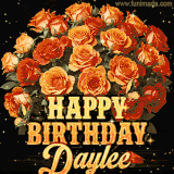 Animated bouquet of orange roses with moving butterfles and golden 'Happy Birthday Daylee' text, surrounded by sparkling accents and a dark backdrop for a luxurious feel.