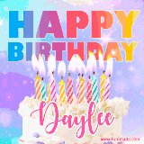A vibrant animated name GIF with the words 'Happy Birthday Daylee' with colorful candles on a creamy cake. The background sparkles with pastel shades, adding a festive touch.