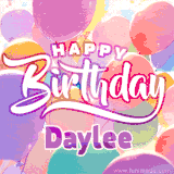 A vibrant name GIF featuring colorful balloons in shades of pink, orange, and yellow with the bold text 'Happy Birthday Daylee' in festive fonts, creating a lively birthday vibe.