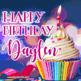 A festive animated GIF featuring a colorful cupcake with a single lit candle, sprinkles, and 'Happy Birthday Daylen' text against a sparkling, celebratory background.