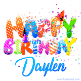Animated GIF with colorful, festive 'Happy Birthday Daylen' text decorated with patterns, a party hat, and falling confetti. A vibrant and cheerful design for birthday celebrations.