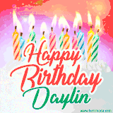 Bright birthday candles with rainbow flames on a cake, alongside the text 'Happy Birthday Daylin' in vibrant script in this celebratory animated GIF.