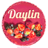 Beautifully decorated red velvet berry birthday cake with vibrant fruits and a glowing 'Daylin' name, adding a touch of sweetness and sparkle.