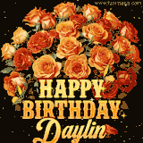 Animated bouquet of orange roses with moving butterfles and golden 'Happy Birthday Daylin' text, surrounded by sparkling accents and a dark backdrop for a luxurious feel.