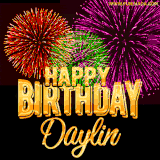 A golden 'Happy Birthday Daylin' message with vibrant fireworks in the background, creating a festive and celebratory vibe in this animated name GIF.