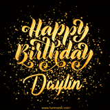 Animated GIF with colorful, festive 'Happy Birthday Daylin' text decorated with patterns, a party hat, and falling confetti. A vibrant and cheerful design for birthday celebrations.