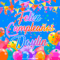 A vibrant animated GIF with 'Feliz Cumpleaños Daylin' written in colorful script, surrounded by balloons, confetti, and bunting on a bright blue background.