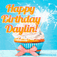 A cheerful animated GIF of a cupcake with creamy frosting, a red checkered ribbon, and a bright sparkler on top. The text 'Happy Birthday Daylin!' is displayed in vibrant orange and red.