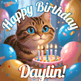 A playful tabby cat sits behind a colorful birthday cake surrounded by balloons and confetti, with 'Happy Birthday Daylin!' written above in festive letters.