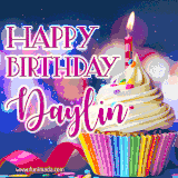 A festive animated GIF featuring a colorful cupcake with a single lit candle, sprinkles, and 'Happy Birthday Daylin' text against a sparkling, celebratory background.