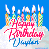 A cheerful animated GIF featuring colorful lit birthday candles on a white cake, with the text 'Happy Birthday Daylon' in bold red and blue script on a bright blue background.