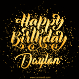 Animated GIF with colorful, festive 'Happy Birthday Daylon' text decorated with patterns, a party hat, and falling confetti. A vibrant and cheerful design for birthday celebrations.