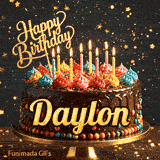 A rich chocolate frosted cake on a gold stand with glowing yellow candles, personalized with the name Daylon.