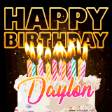 A vibrant animated GIF featuring a delicious birthday cake topped with glowing candles and the name 'Daylon' in elegant script, and the words 'Happy Birthday' on the black background.