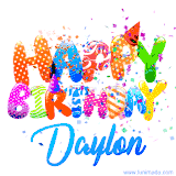 Animated GIF with colorful, festive 'Happy Birthday Daylon' text decorated with patterns, a party hat, and falling confetti. A vibrant and cheerful design for birthday celebrations.