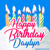 A cheerful animated GIF featuring colorful lit birthday candles on a white cake, with the text 'Happy Birthday Daylyn' in bold red and blue script on a bright blue background.