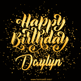 Animated GIF with colorful, festive 'Happy Birthday Daylyn' text decorated with patterns, a party hat, and falling confetti. A vibrant and cheerful design for birthday celebrations.