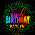 A colorful animated GIF featuring the text 'Happy Birthday Daylyn!' in rainbow colors with a dynamic iridescent firework display in the background.