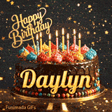 Custom birthday ecard for Daylyn showing a gourmet chocolate cake on a dark background with golden star sparkles.